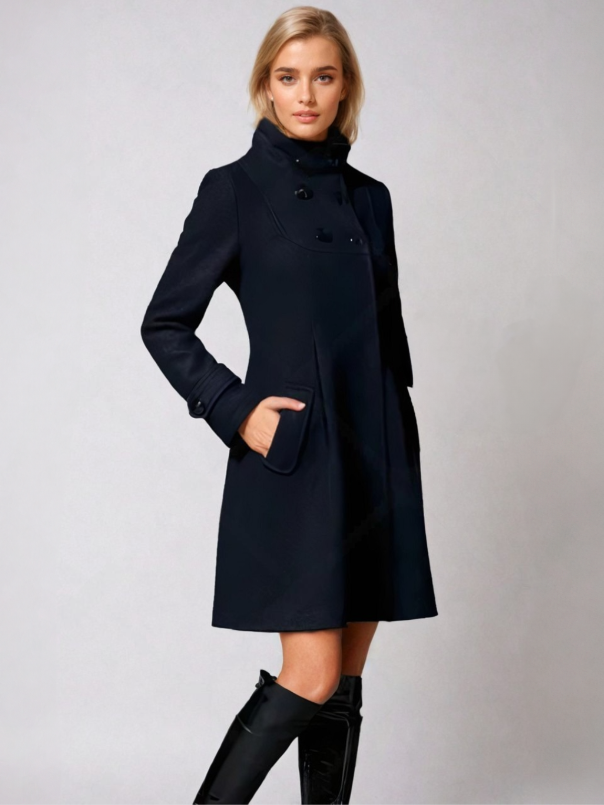 Women's mid-length hooded coat slightly flared silhouette everyday chic winter style structured hood