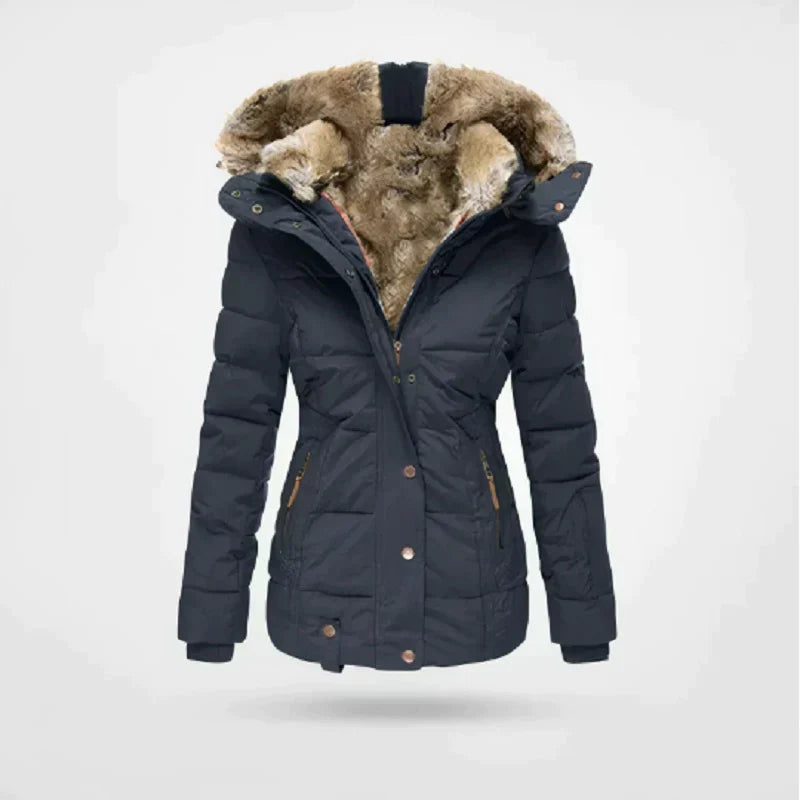 Women's Zelina winter coat soft-edged hood modern silhouette elegant feminine cut thick insulation