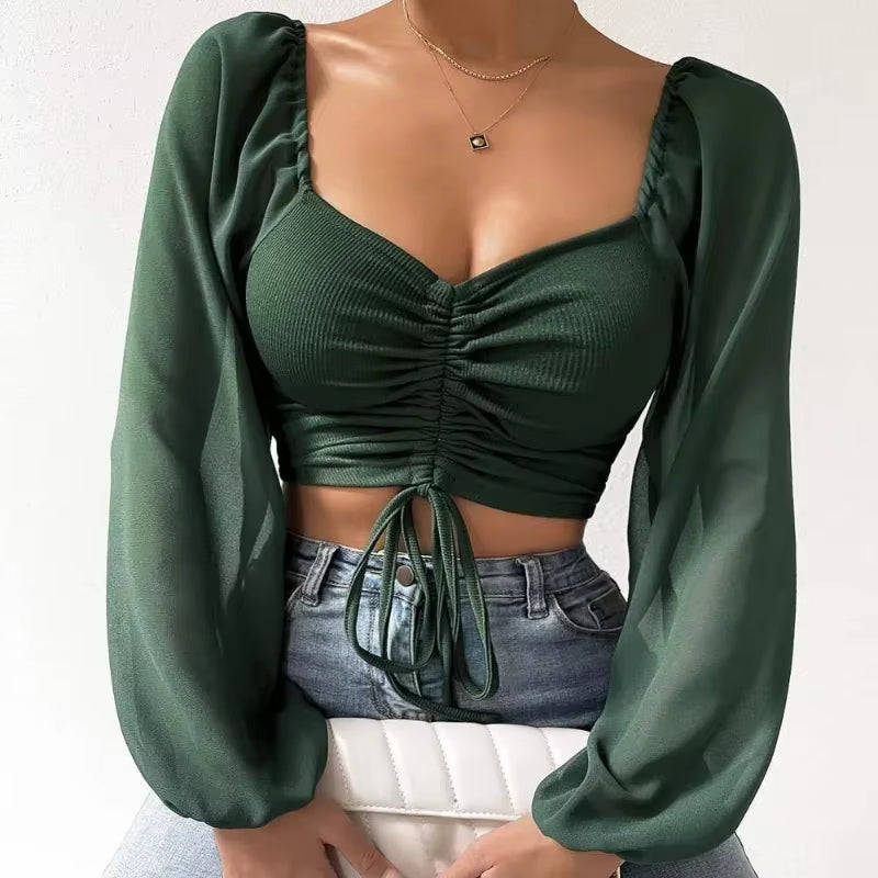 Women's cropped blouse soft cotton blend cinched ruched waist sheer sleeves flattering everyday fit