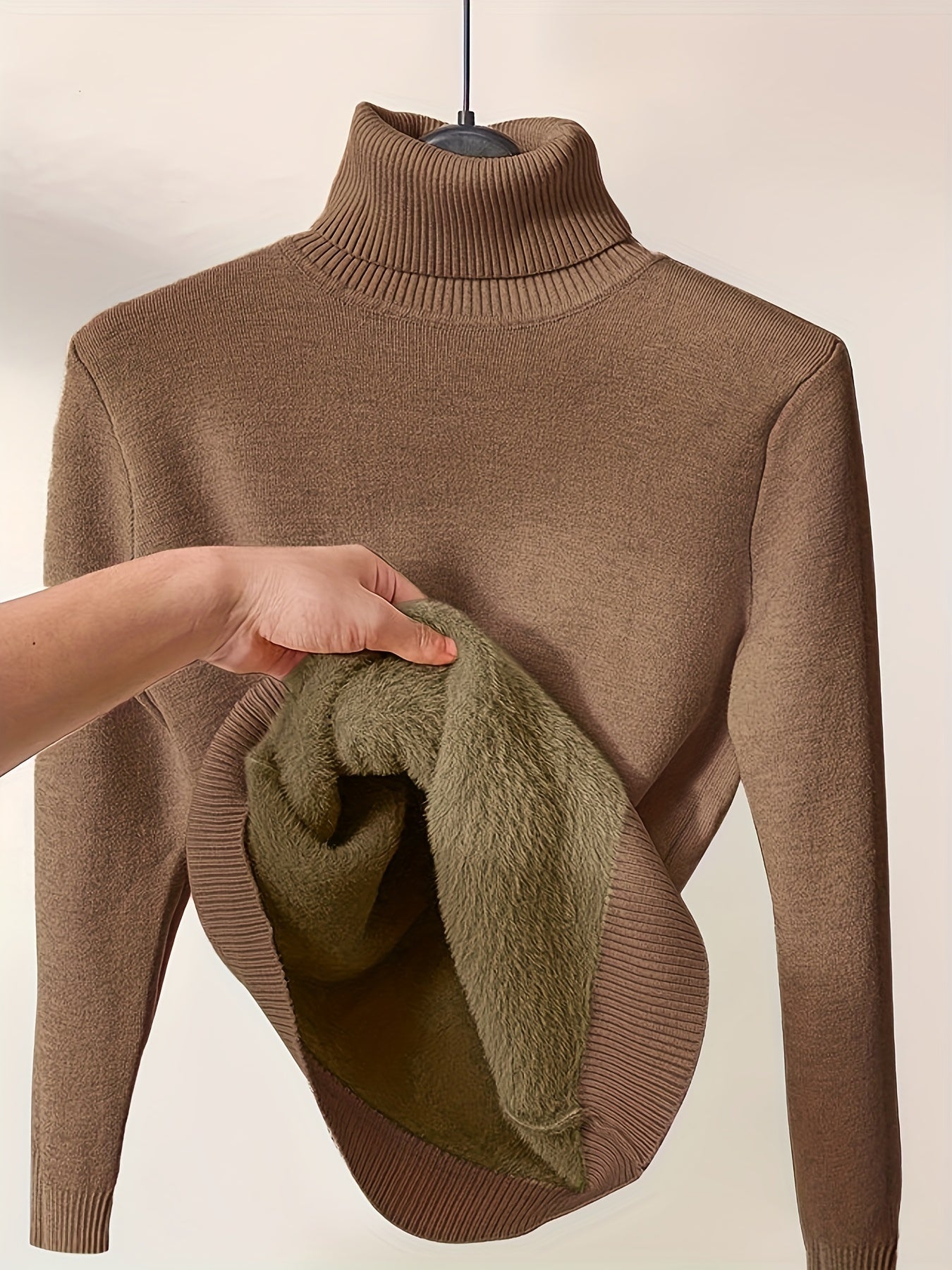 Women's fleece-lined turtleneck knit sweater, minimalist style, ultra-soft smooth exterior for cold-weather layering