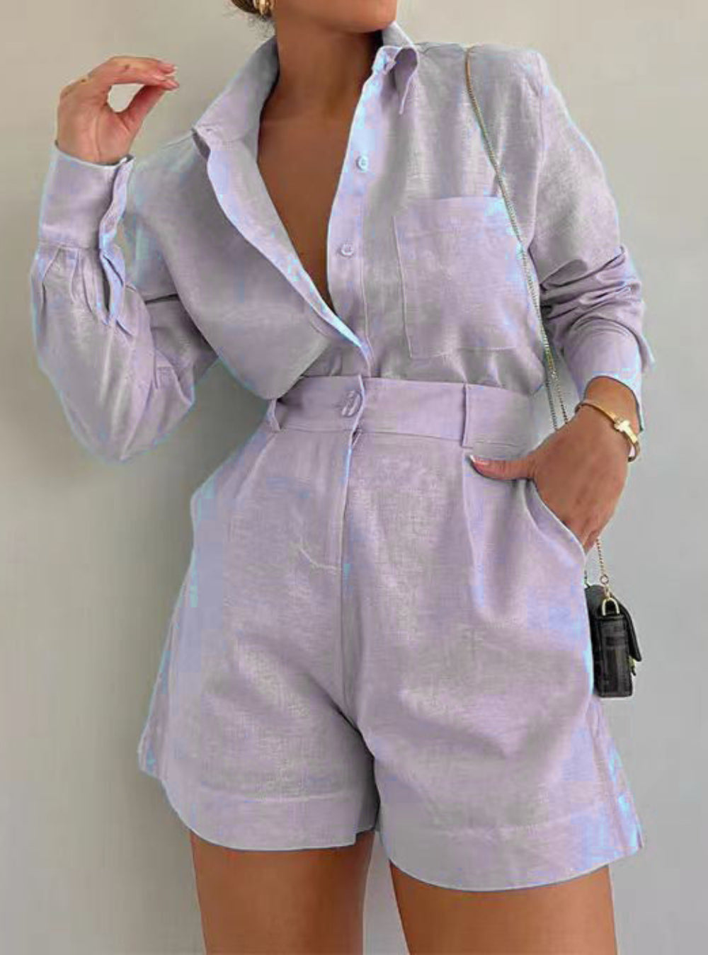 Women's cotton linen long sleeve shorts set loose fit beige two-piece button-front casual
