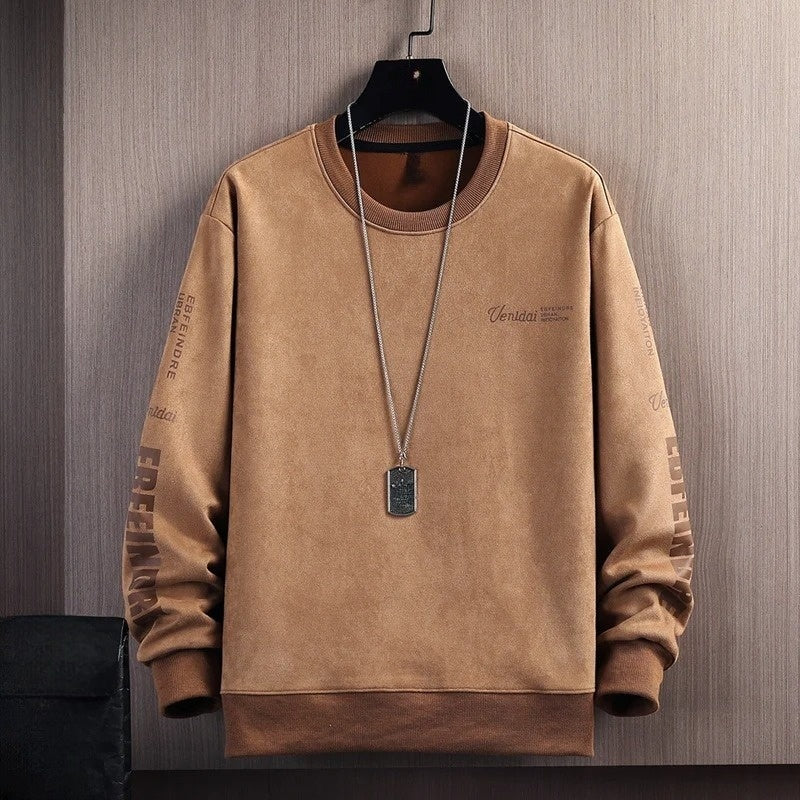 Black suede-texture crewneck pullover sweatshirt with graphic sleeve accents for streetwear layering