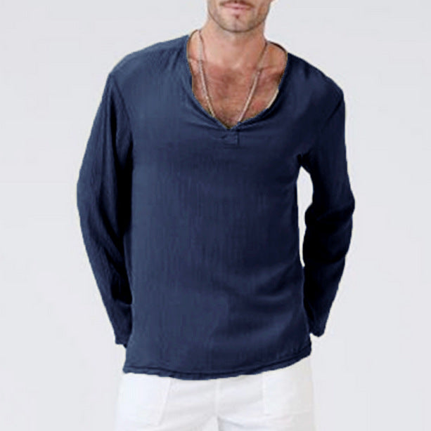 Men's cotton-linen blend V-neck long sleeve tee, relaxed fit breathable everyday casual shirt
