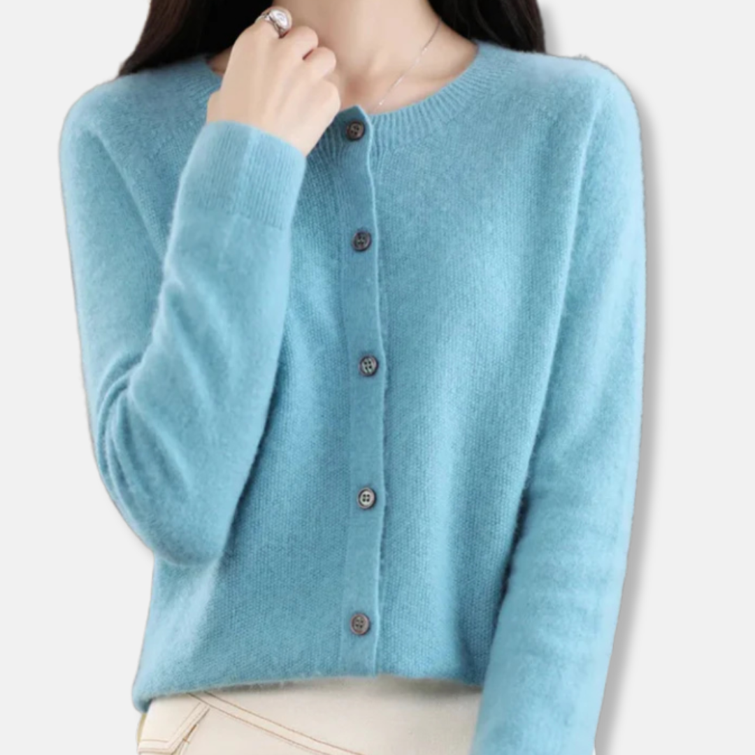Women's merino wool cardigan regular fit button-front ribbed knit sweater in classic neutral tone
