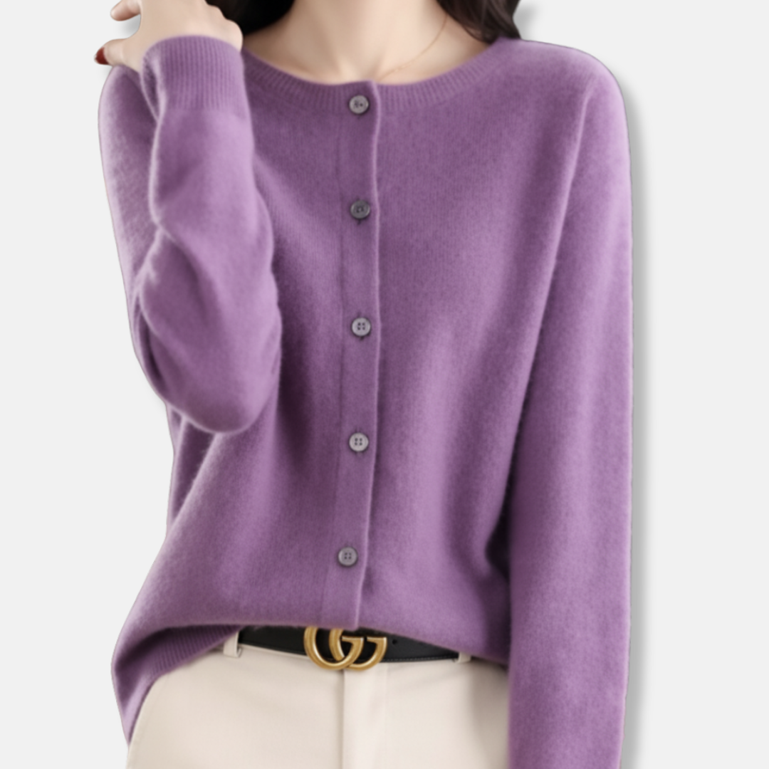 Women's merino wool cardigan regular fit button-front ribbed knit sweater in classic neutral tone