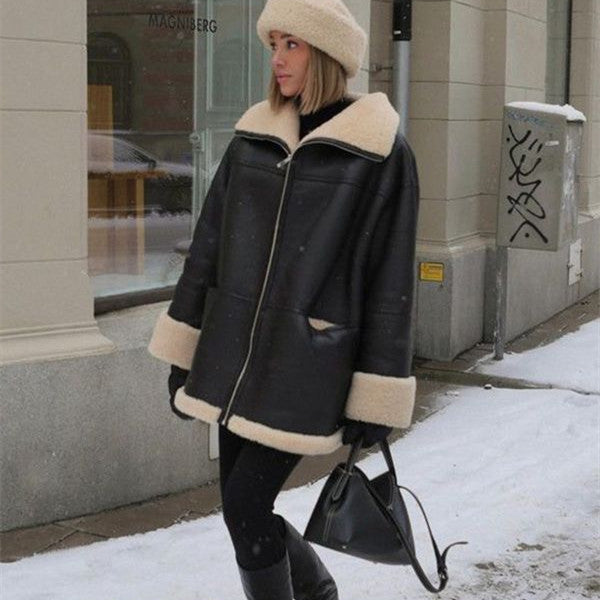 Oversized shearling bomber jacket black imitation leather wide collar zip-up cold weather coat