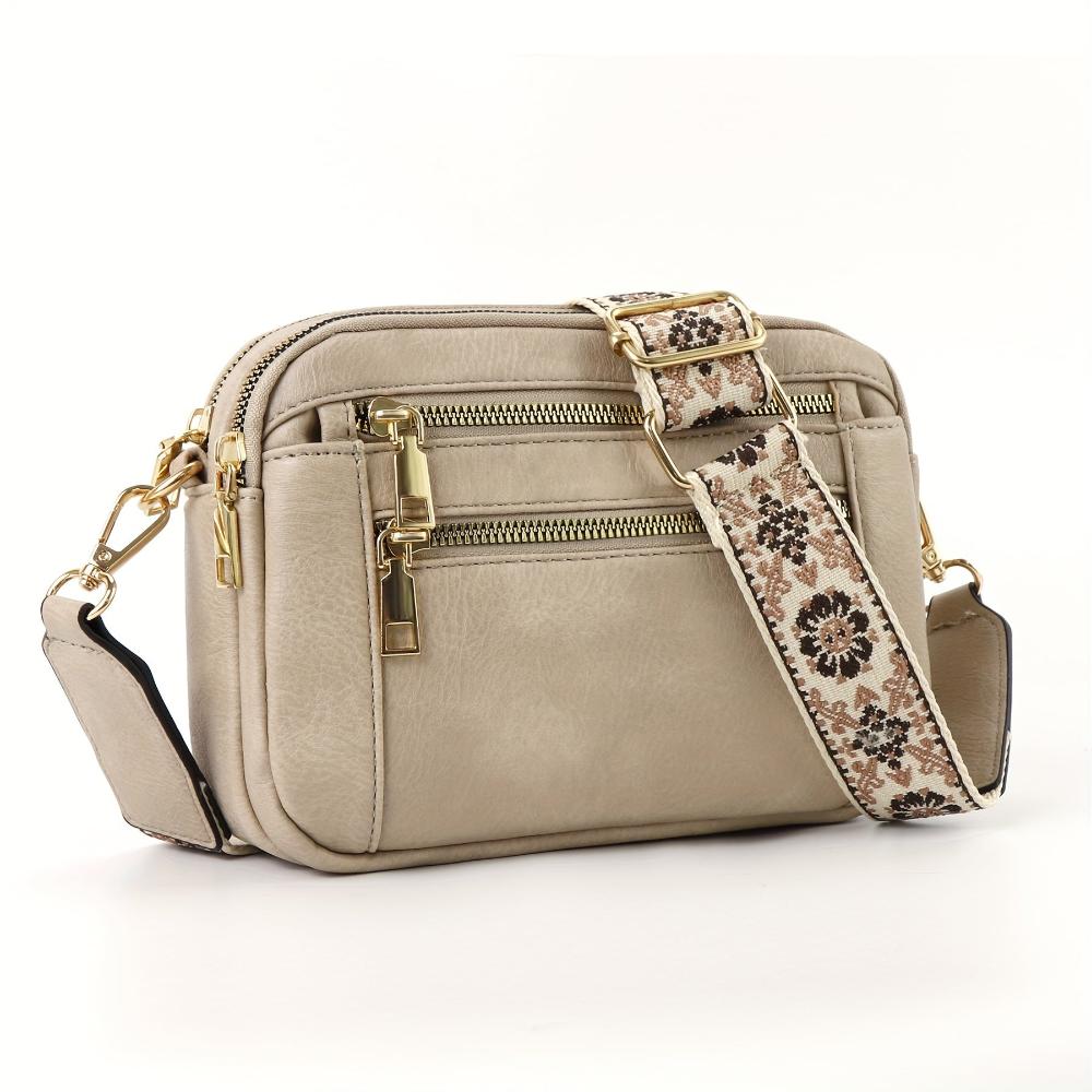 Compact vegan leather crossbody bag two-tone finish gold hardware everyday organizer detachable strap