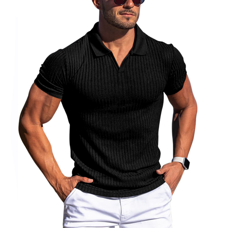 Men's slim fit ribbed knit polo shirt in premium textured fabric, tailored silhouette everyday wear