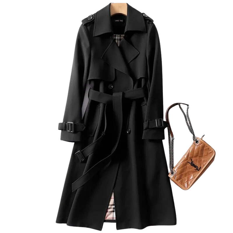 Women's longline beige trench jacket structured tailored silhouette double-breasted belted coat