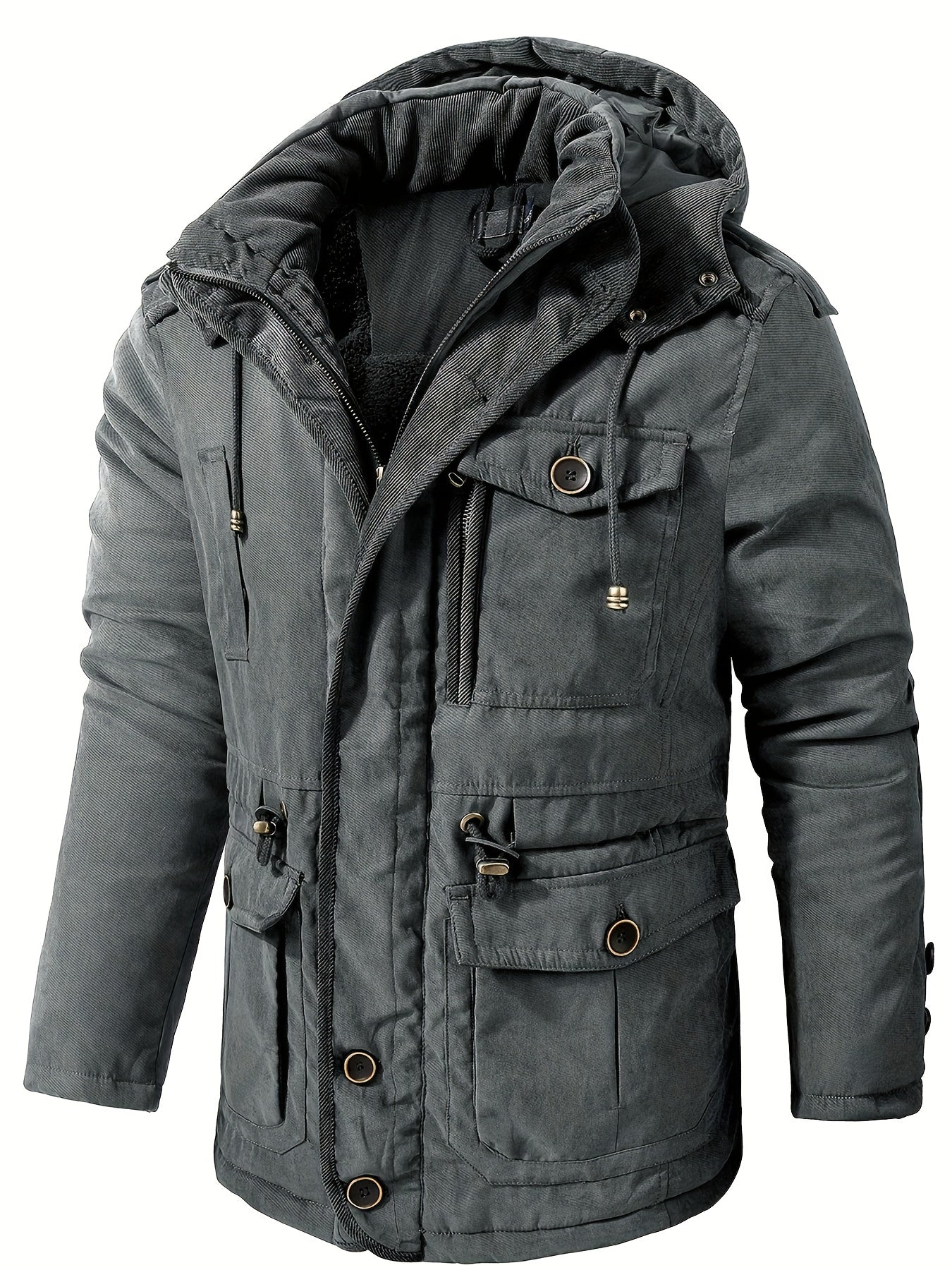 Men's thick insulated hooded utility jacket in neutral tones, rugged winter style with padded warmth