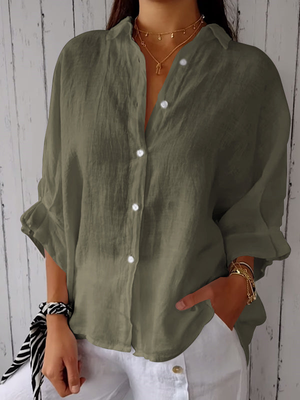 Unisex cotton linen casual shirt solid color long sleeve lapel collar breathable relaxed fit