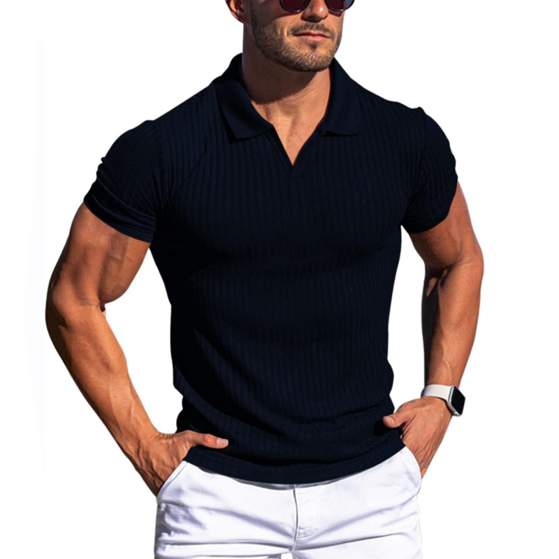 Men's slim fit ribbed knit polo shirt in premium texture, tailored silhouette for everyday wear