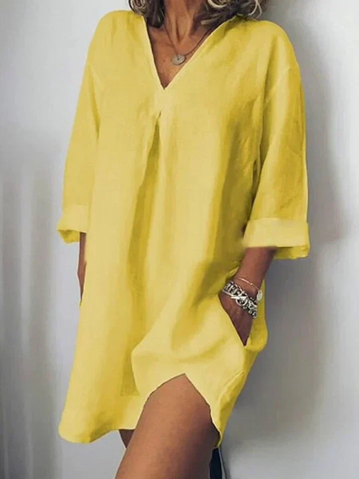 Women's relaxed fit linen dress V-neck short sleeves breathable natural texture casual everyday style