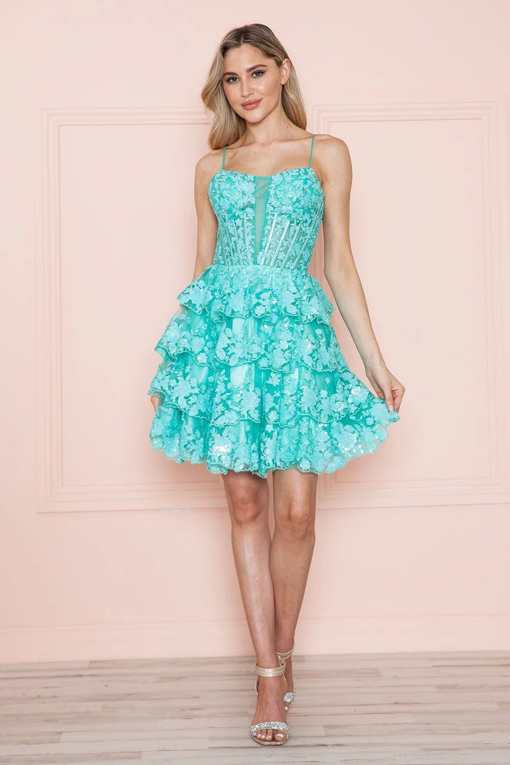 Short A-line homecoming dress with tiered skirt, beaded sequin appliqués, and corset bodice