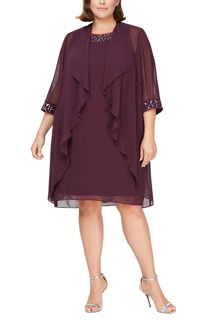 Plus-size navy blue sleeveless sheath dress set with beaded neckline and matching formal jacket