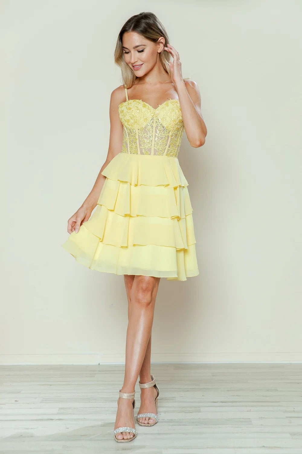 Poly USA 9494 mini A-line prom dress with sequin embroidery illusion corset bodice for teens