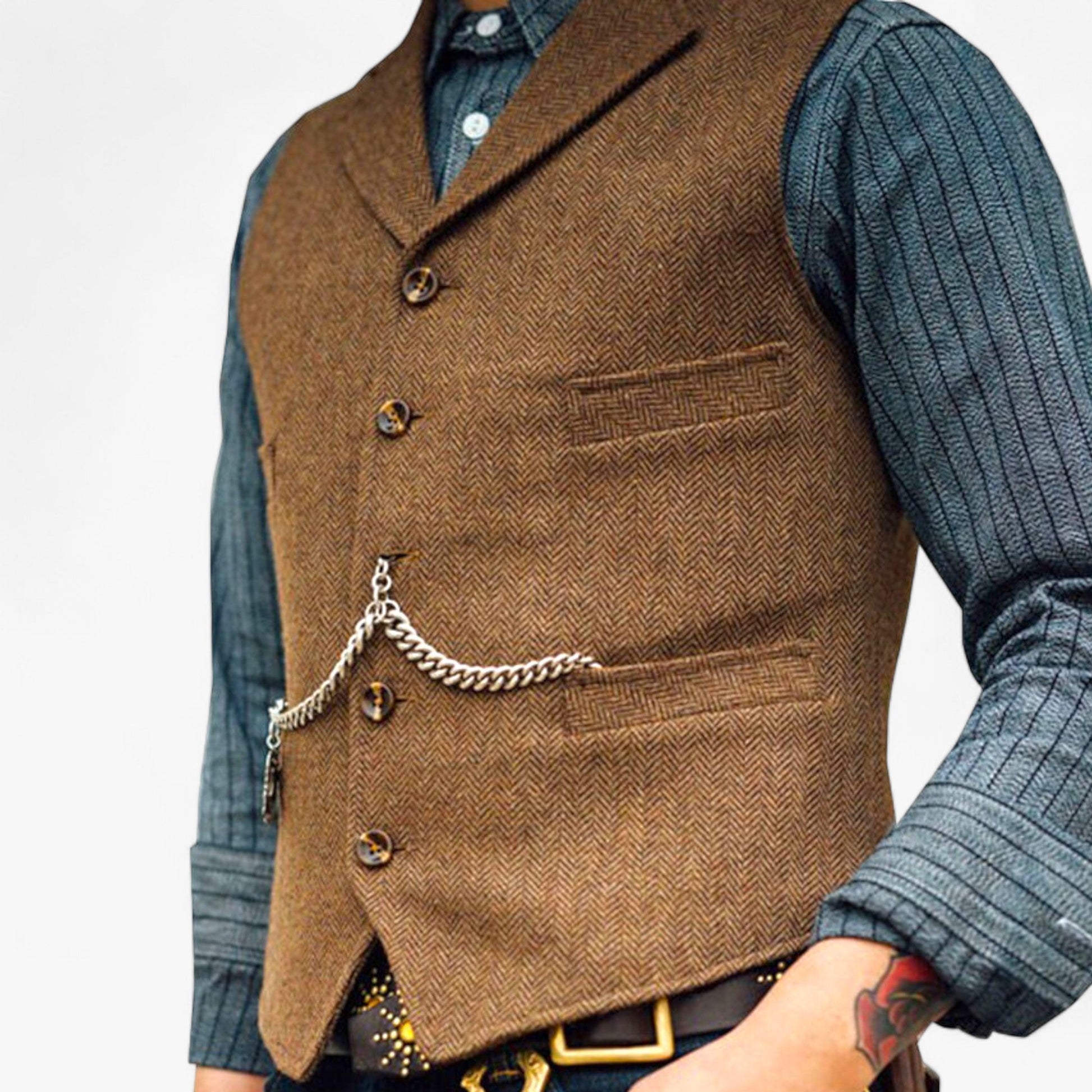 Black fitted men's suit vest with decorative vintage-inspired chain detail, tailored urban chic silhouette