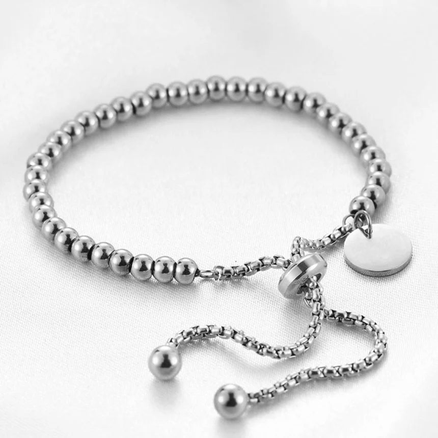 Adjustable gold silver plated stainless steel beaded bracelet minimalist charm slider closure for women