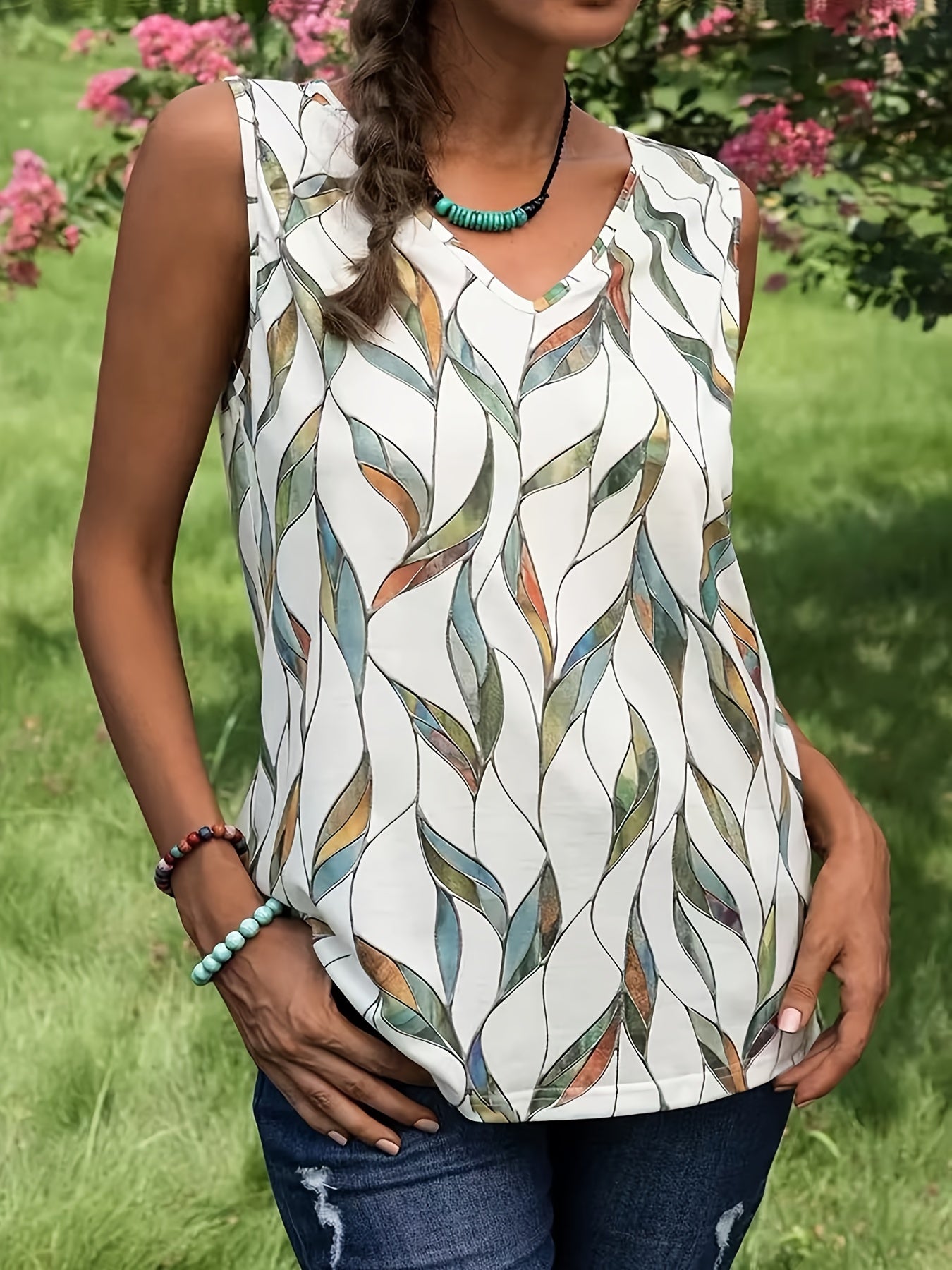 Women's beige linen tank top with V-neckline, lightweight breathable summer essential with airy cut