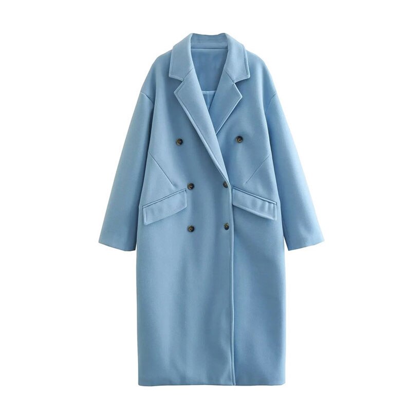 Women's long double-breasted coat straight tailored silhouette minimalist urban chic city professional style