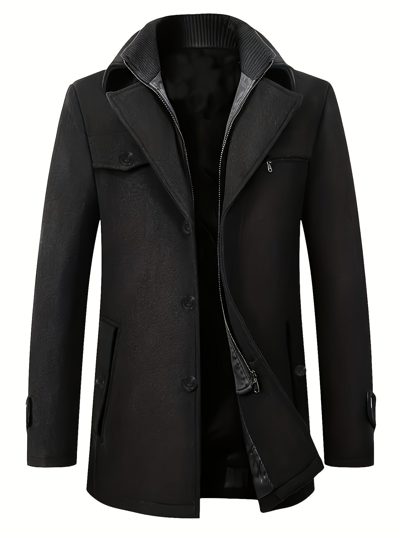 Men's grey wool blend zip-up jacket with lapel collar, modern slim fit, premium warmth