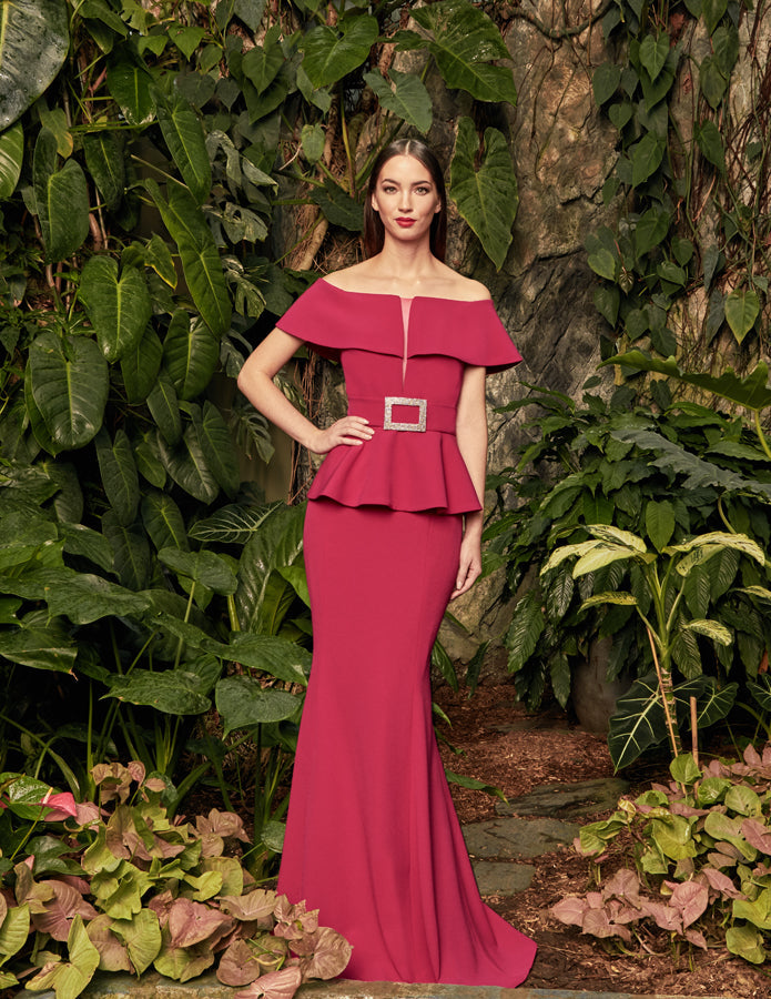 Alexander Daymor 950 off-shoulder belted peplum evening gown in elegant crepe with trumpet skirt