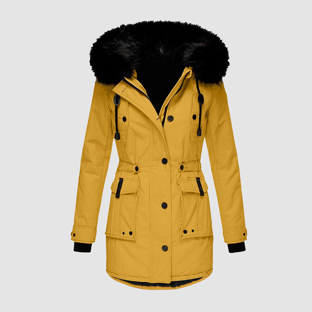 Women's long hooded winter coat elegant silhouette with luxurious fur trim in classic style