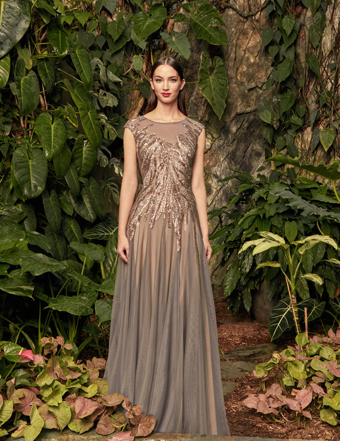 Alexander by Daymor metallic beaded full-length evening gown with cap sleeves and bateau neckline