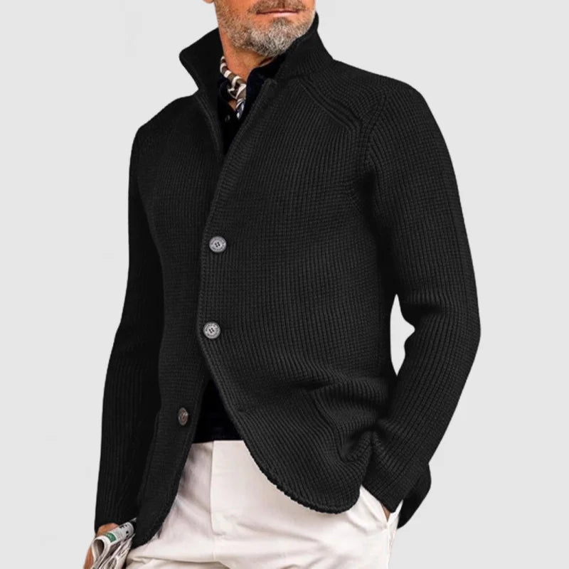 Men's ribbed knit cardigan with stand-up collar, versatile layering piece for smart-casual outfits