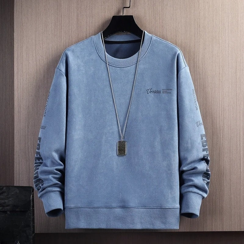 Black suede-texture crewneck pullover sweatshirt with graphic sleeve accents for streetwear layering