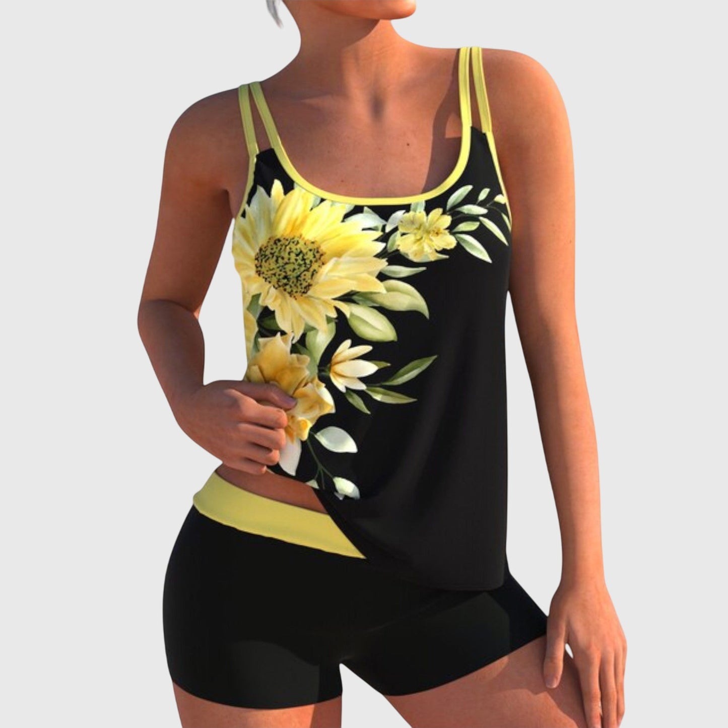Women's floral print double strap set with vibrant blooms, clean silhouette for casual everyday style