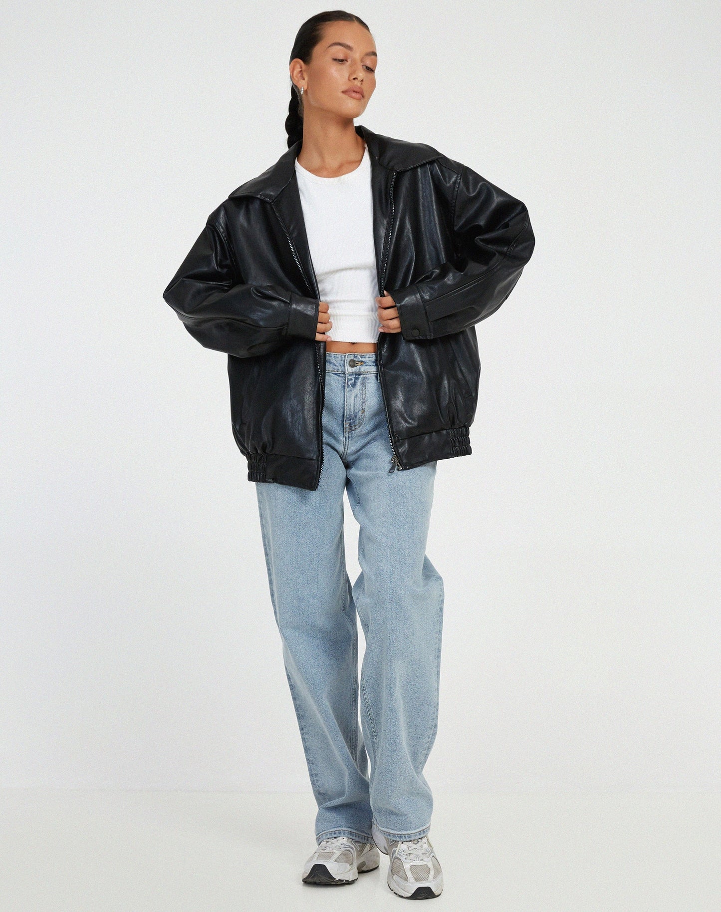 Women's loose fit casual leather jacket soft supple chic layering versatile style