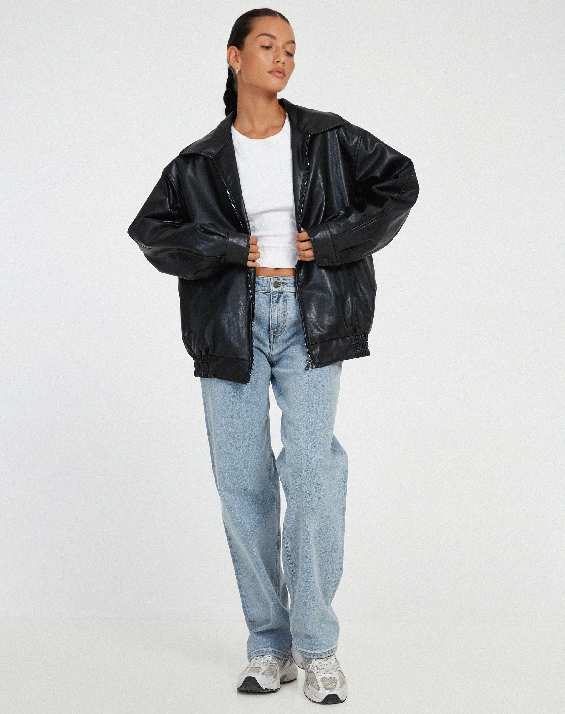 Women's loose fit casual leather jacket soft supple chic layering versatile style