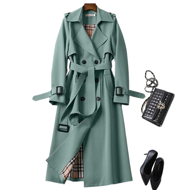 Women's longline beige trench jacket structured tailored silhouette double-breasted belted coat