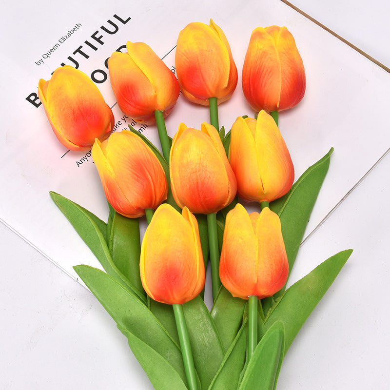 Yellow artificial tulip bouquet with realistic green leaf detailing and soft-touch lifelike petals