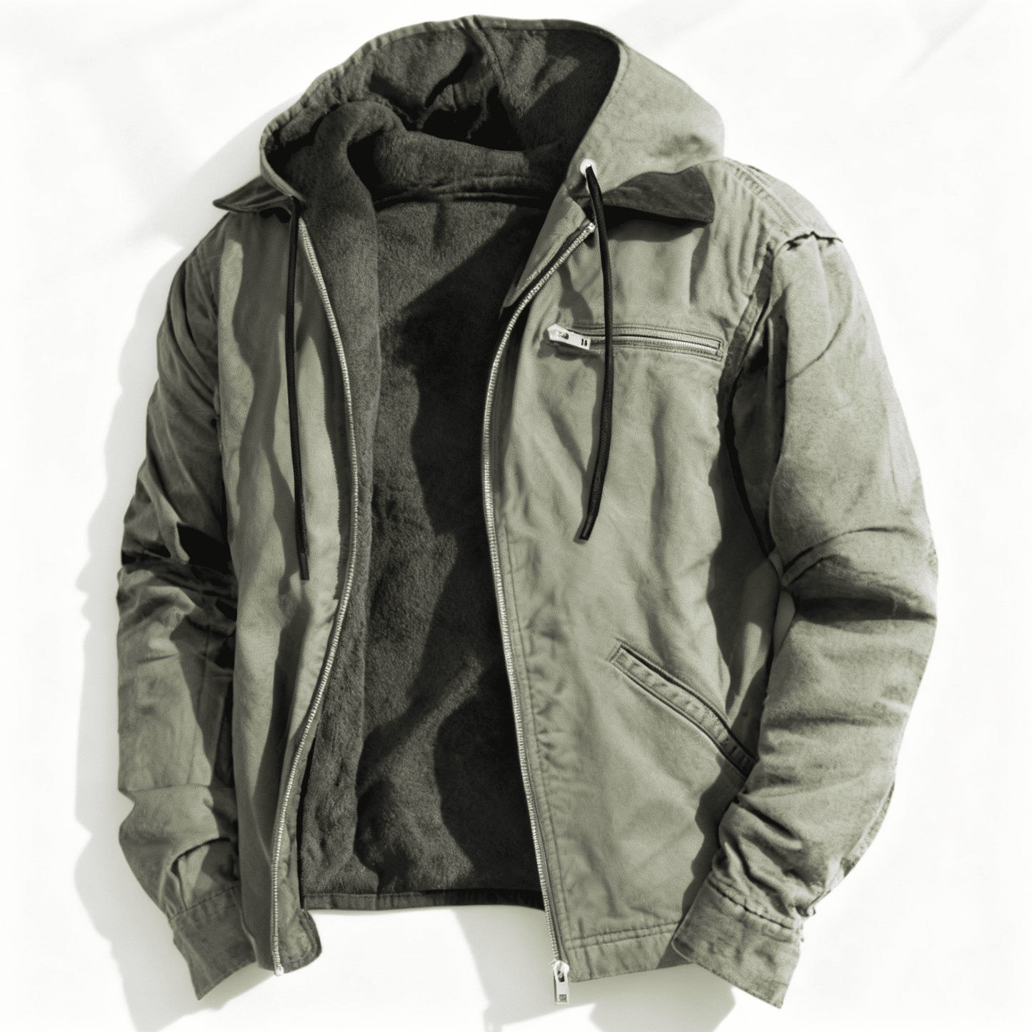 Men's olive relaxed-fit lined utility jacket with zip front drawstring hood and utility pockets