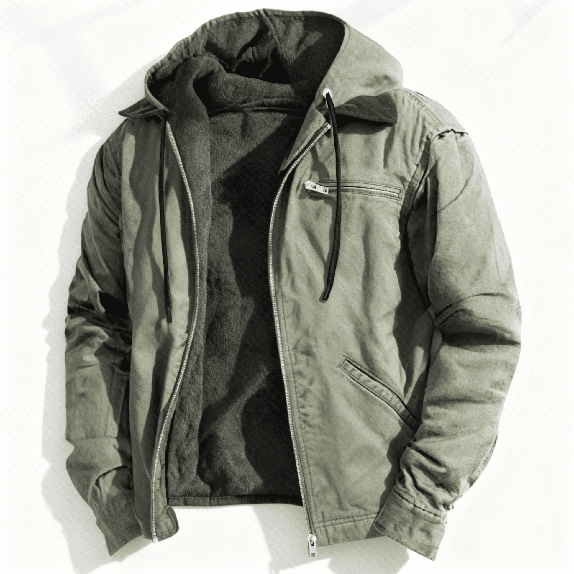 Men's olive relaxed-fit lined utility jacket with zip front drawstring hood and utility pockets