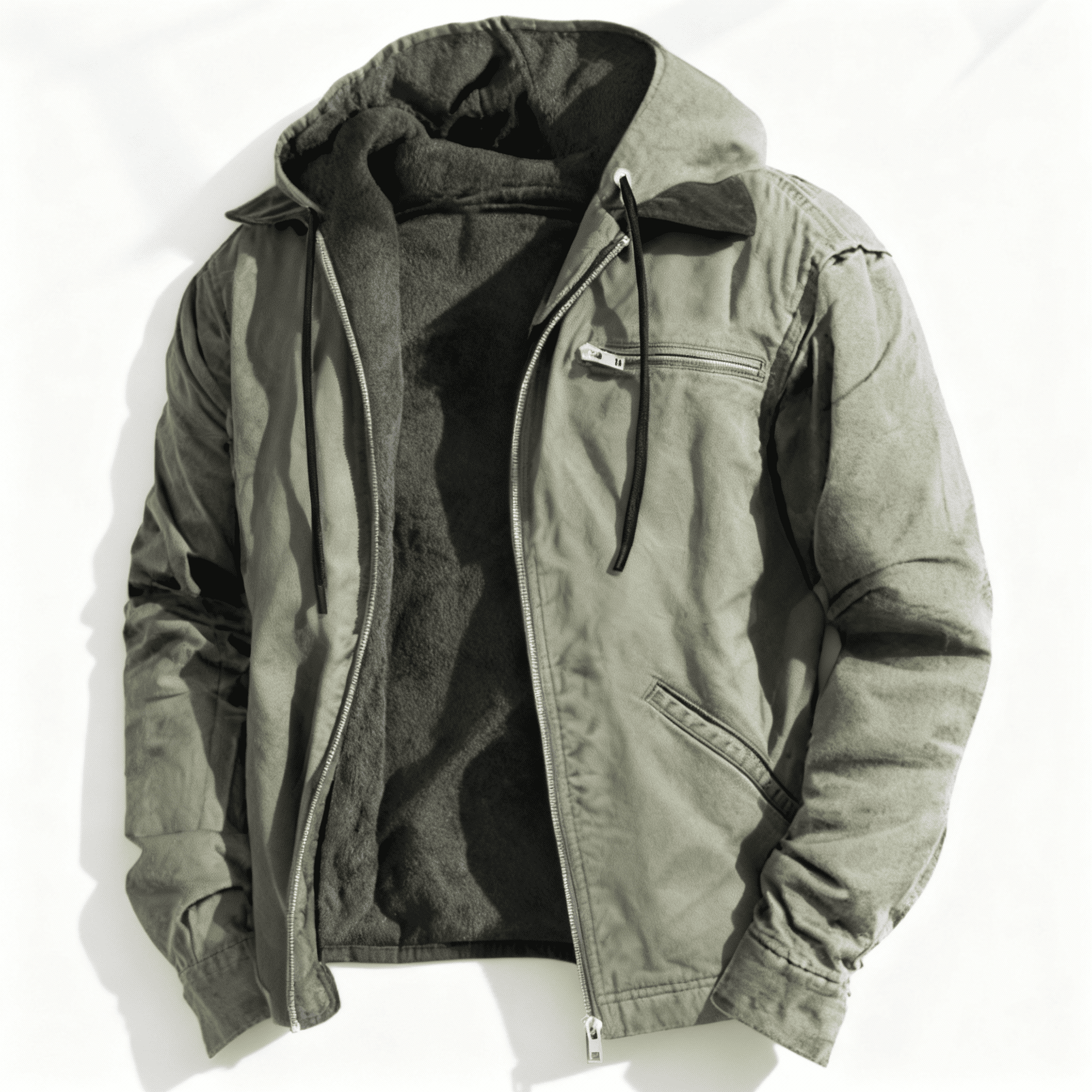 Men's olive relaxed-fit lined utility jacket with zip front drawstring hood and utility pockets
