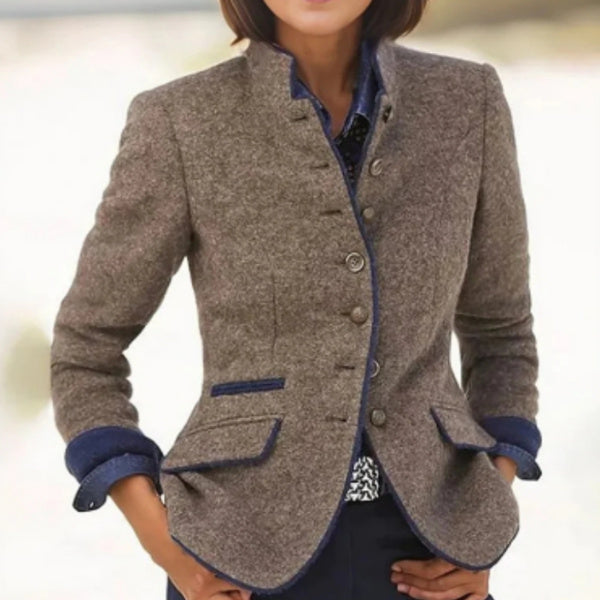Women's relaxed wool jacket with colorful multi-button front closure, versatile everyday style