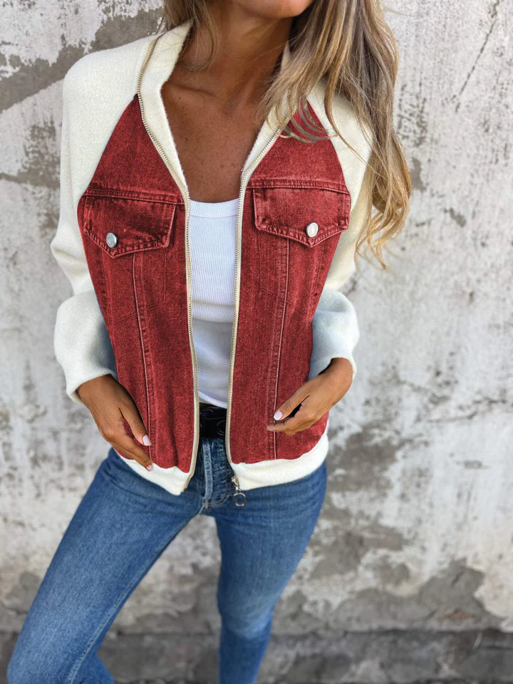 Women's two-tone zip jacket urban casual style modern flattering fit versatile everyday layer
