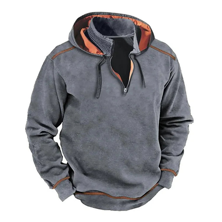 Men's grey relaxed-fit half-zip hooded sweatshirt cotton blend casual everyday pullover