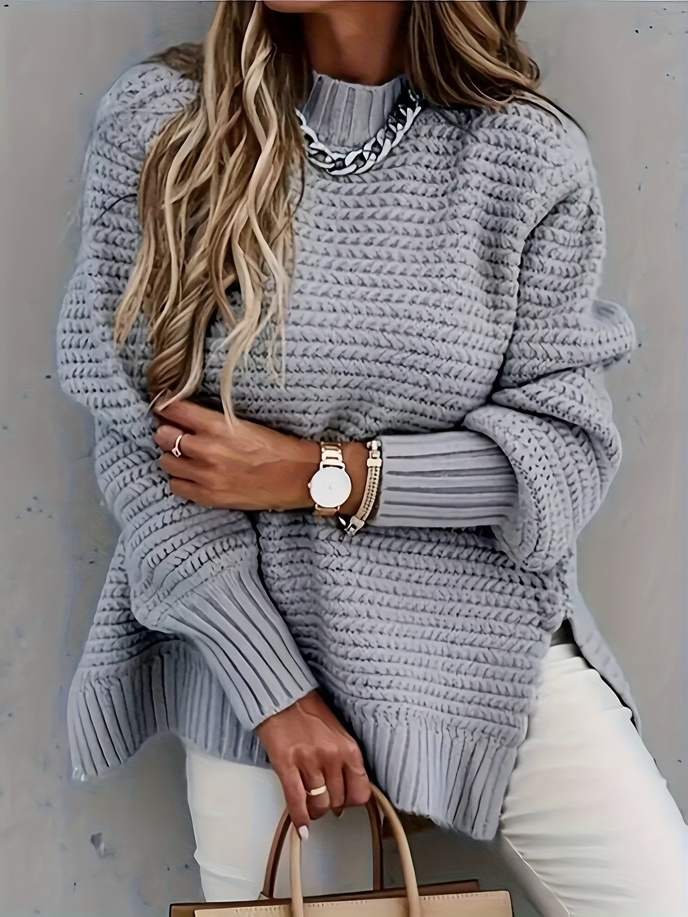 Women's chunky knit cotton pullover oversized relaxed fit with textured weave cozy cold-weather sweater