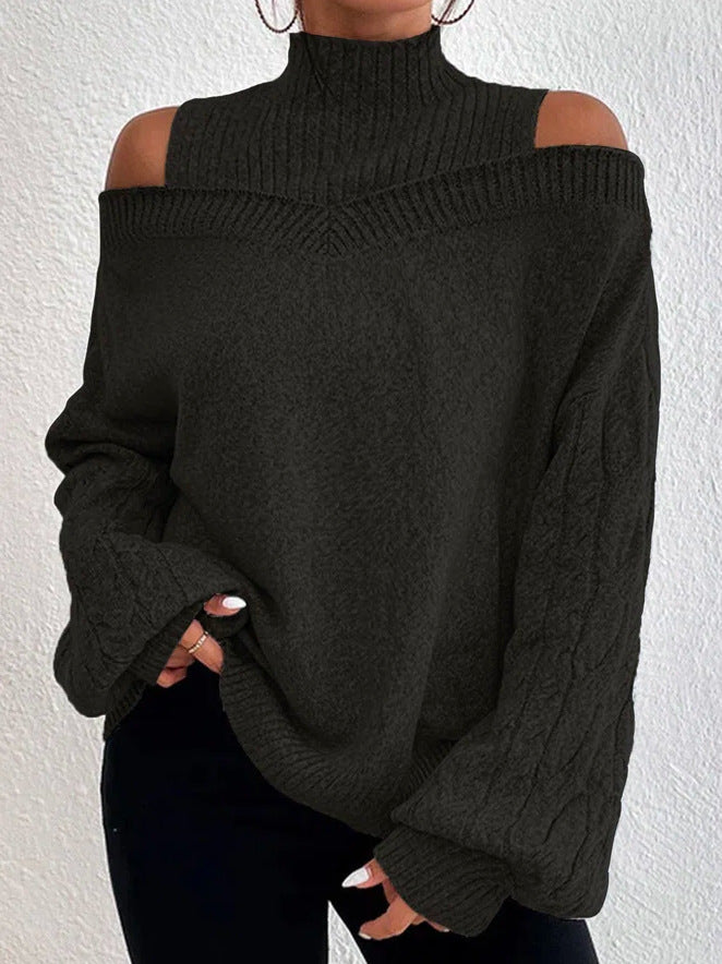 Women's ivory knit sweater high neck cutout off-shoulder loose fit long sleeve cozy style