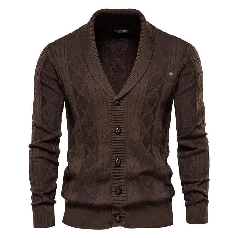 Navy blue shawl collar cardigan soft diamond knit pattern classic heritage professional style