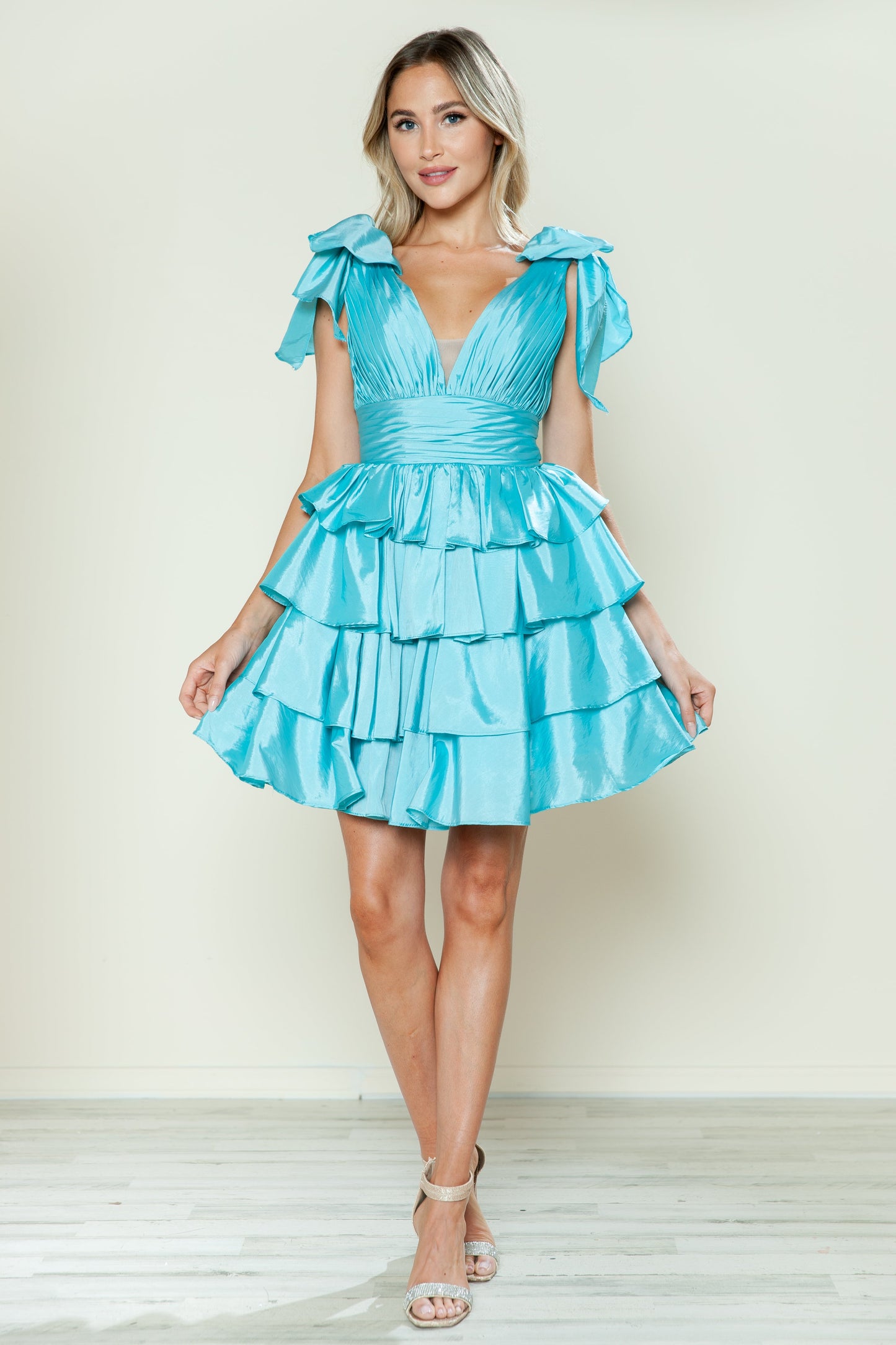 Poly USA 9742 junior A-line ruffle taffeta homecoming dress with V-neck bow accent mini silhouette