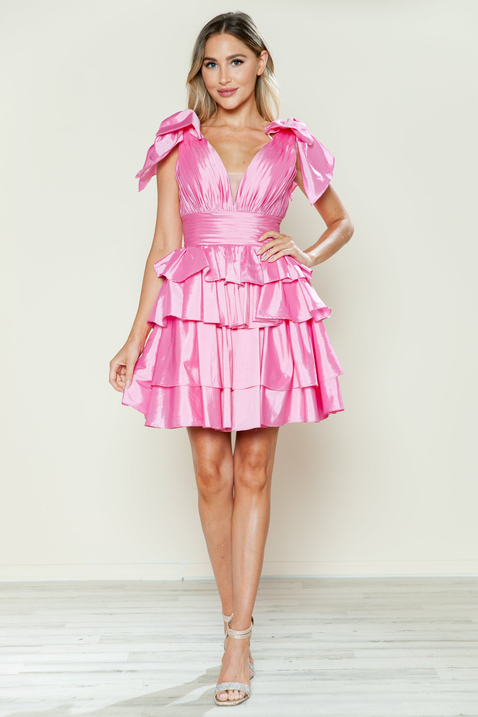 Poly USA 9742 junior A-line ruffle taffeta homecoming dress with plunging V-neck and bow accent