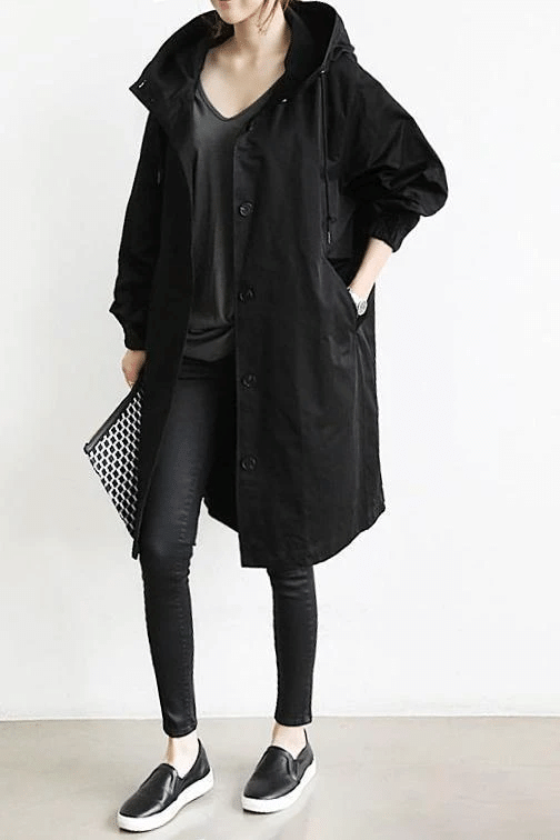 Women's long hooded coat lightweight chic city style versatile all-season modern elongated silhouette
