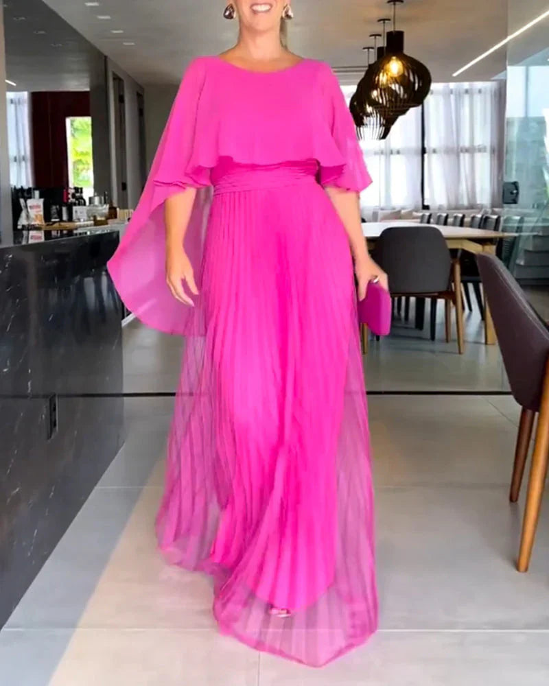 Hazel burgundy pleated floor-length formal gown with elegant cape-overlay for galas and weddings