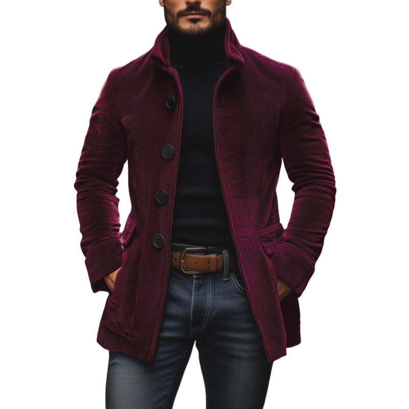 Men's single-breasted tailored coat with button closure, clean lines, polished silhouette for modern professionals