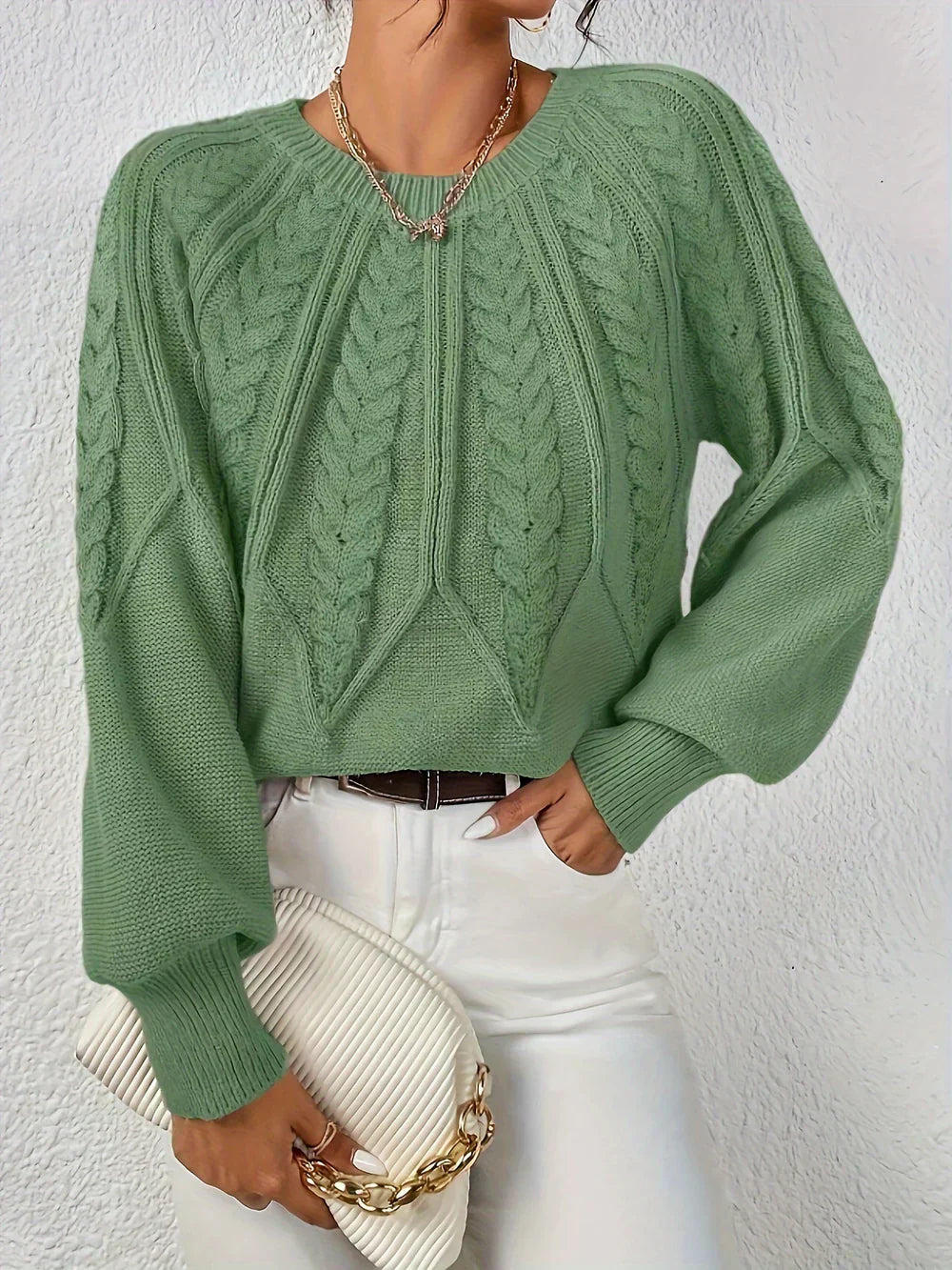 Women's cream cable knit crochet sweater, relaxed fit with textured pattern detail